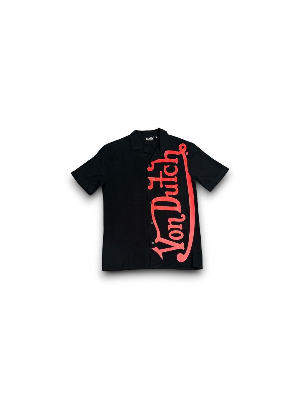VON DUTCH Camp Button Up Shirt Big Script Logo Mens Small Black Red Spellout